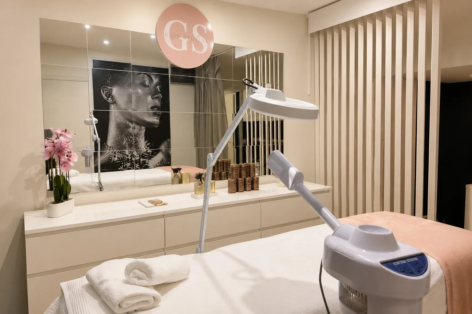 Cabine The Beauty Studio avec équipement esthétique, miroir et ambiance beige lumineuse