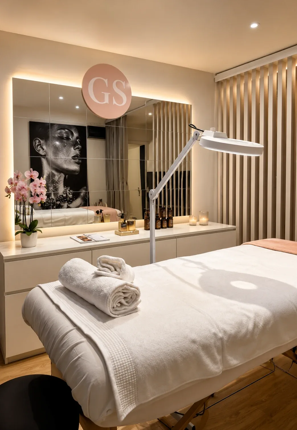 Cabine de soin The Beauty Studio avec table de soin, miroir lumineux et orchidées